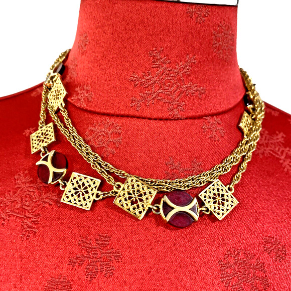 Unique Vintage Necklace Long Flapper Style Single Strand Gold & Red Cased Glass - Picture 3 of 9